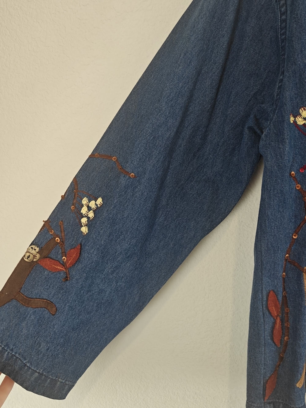 VTG 90s Tantrums Monkey Embroidered Denim Button Up Beaded Sequin Tree Cotton M - Picture 8 of 14